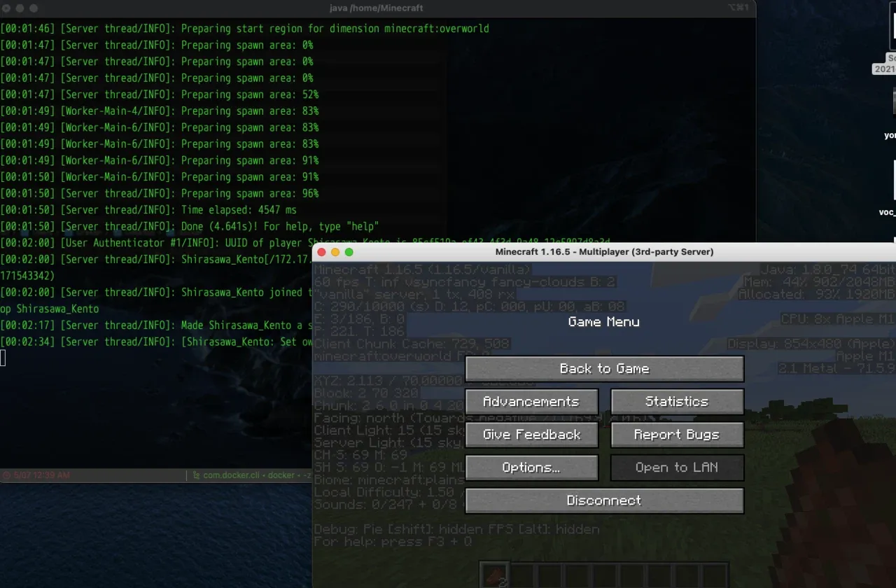 ワールドに入ることができ、裏で出力が動いているのがわかる